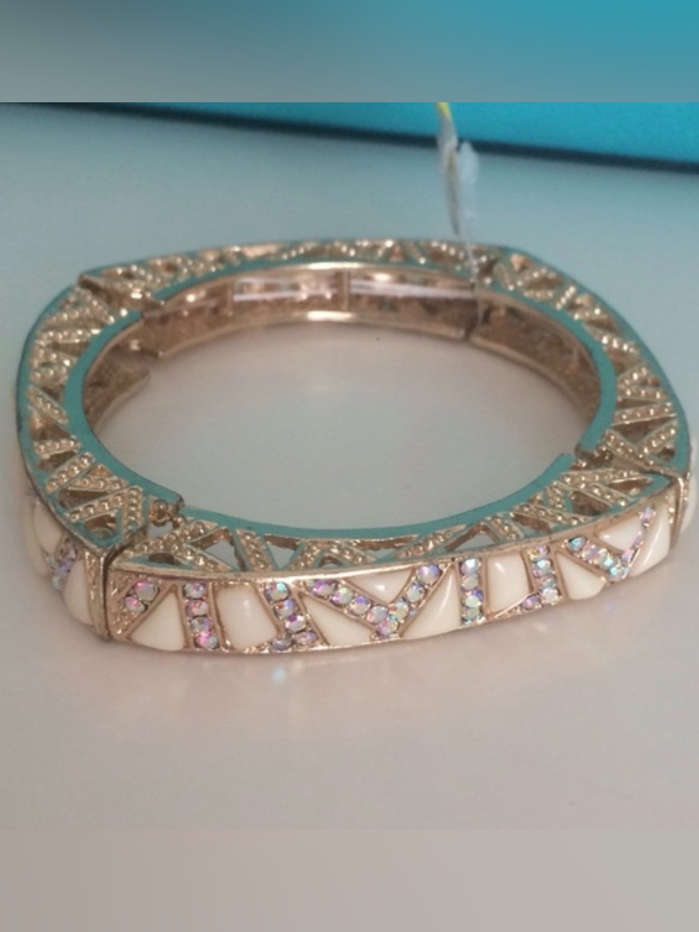 Gold-Tone White Enamel & Aurora Crystal Bangle Bracelet
